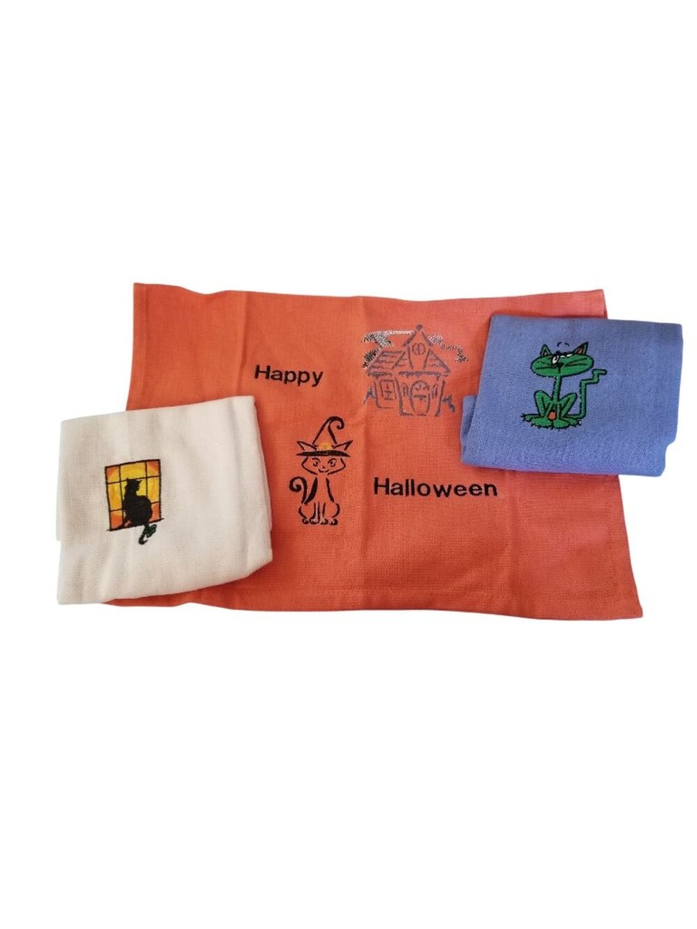 Kitchen Towel Embroidered 100%  Set 3 Cotton 1 Orange 1 White 1 Blue Halloween C